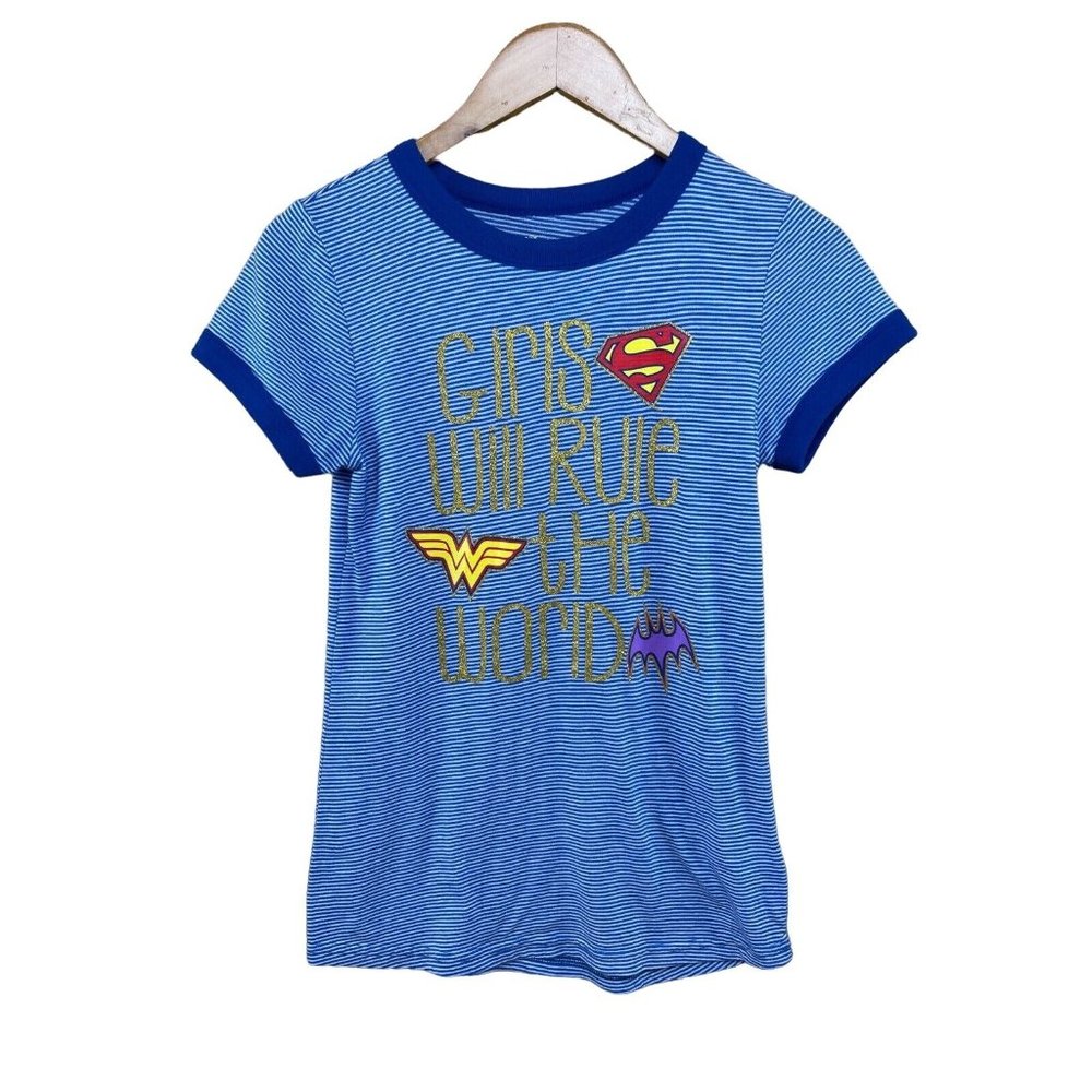 DC Superhero Girls Blue White Stripe Sparkle Ringer Tee Shirt Supergirl14/16 XL